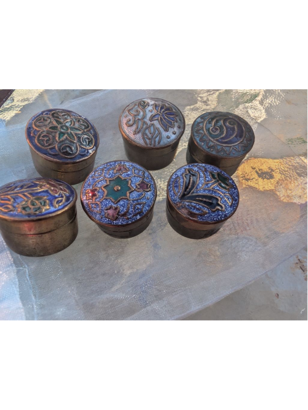 Brass and enamel trinket boxes, made in India. Vintage
